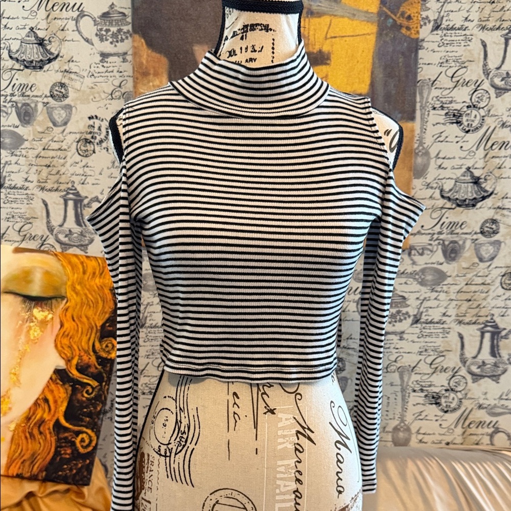 Striped Black and White Cold Shoulder Top
